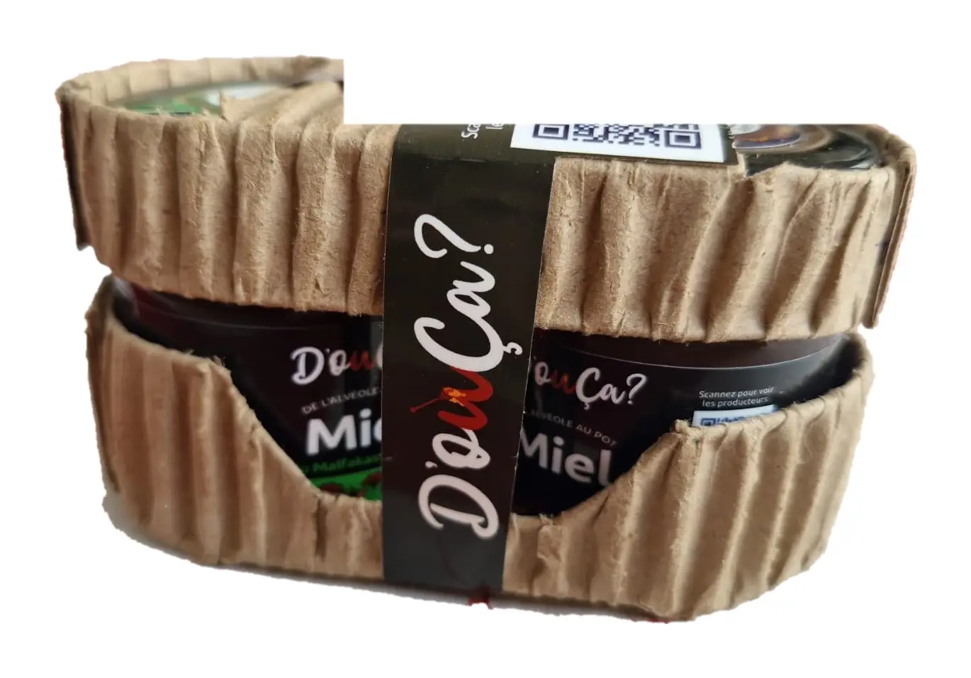 Duo Découverte fermé, petit étui en carton kraft ceint du bandeau D'oùça ?