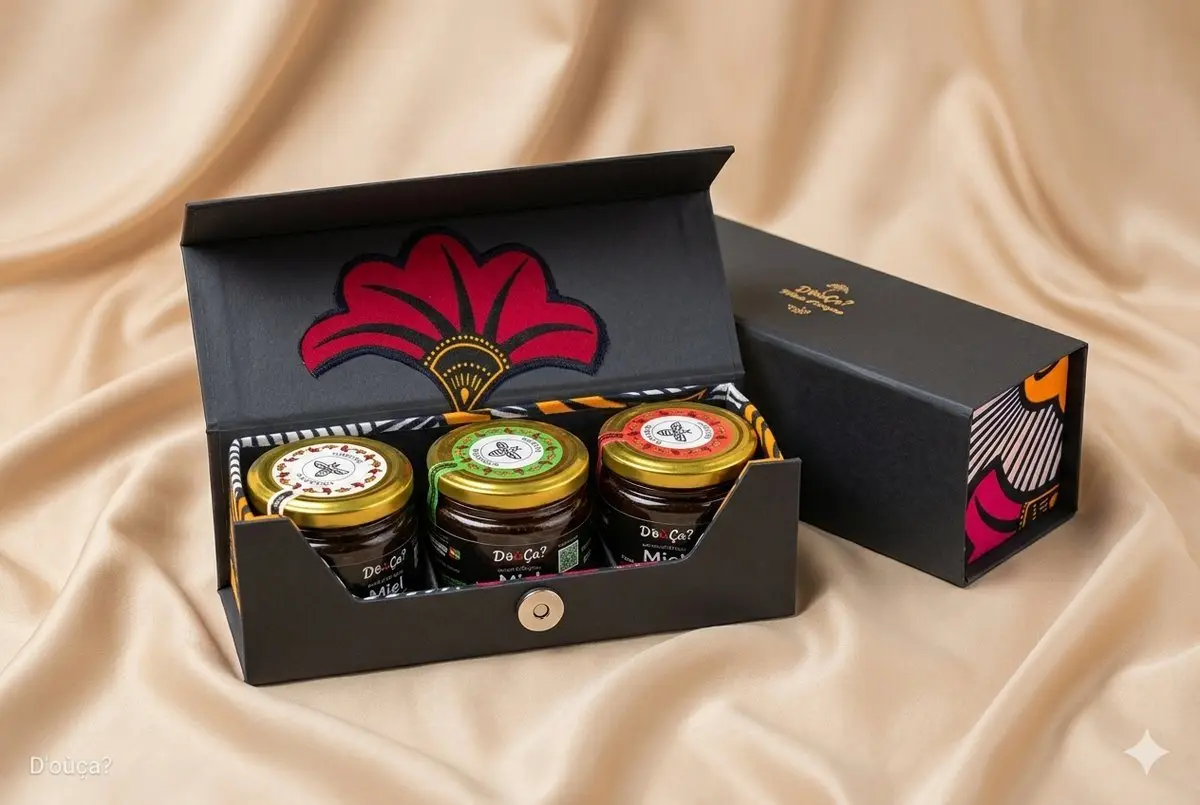 Coffret Écrin de Douceur ouvert, trois pots de miel de 200 g dans leur étui noir