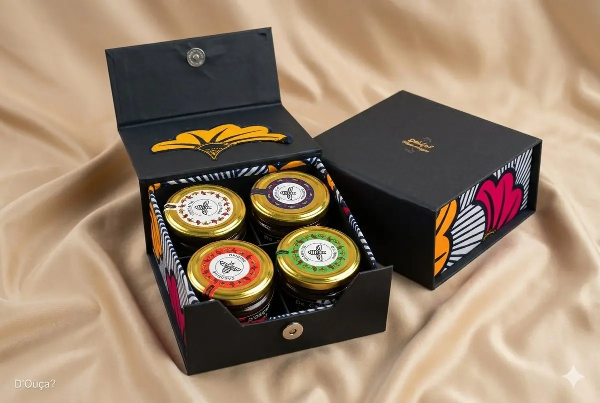 Coffret Prestige ouvert, quatre pots de miel de 200 g dans leur étui noir