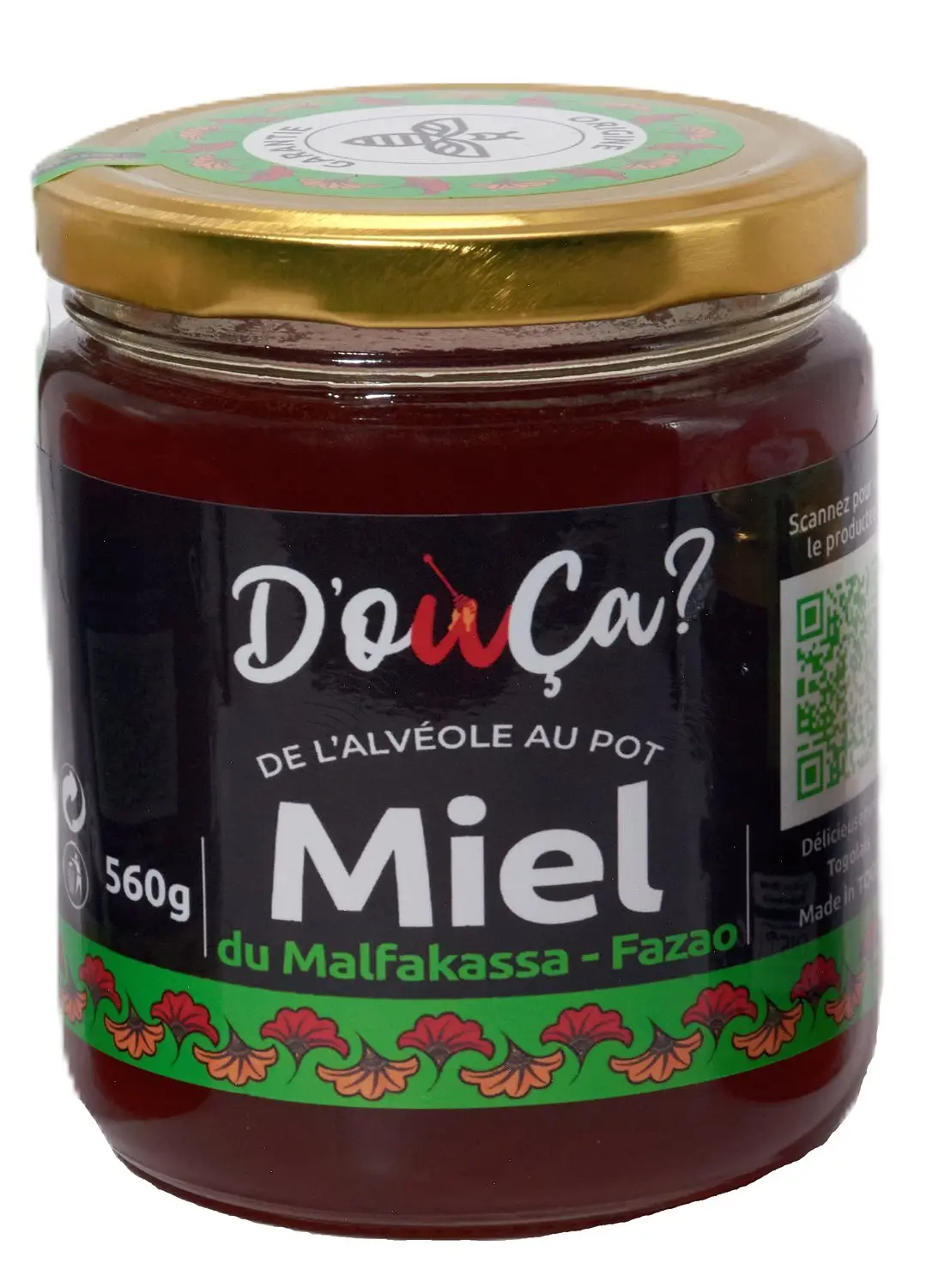 Pot de 560 g de miel du Malfakassa-Fazao, cuvée Bowounda 2024, étiquette noire